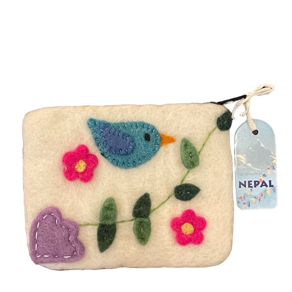 New NEPAL Fair Trade Felted Wool Bird Motif Flower Mini Bag White Pink Blue